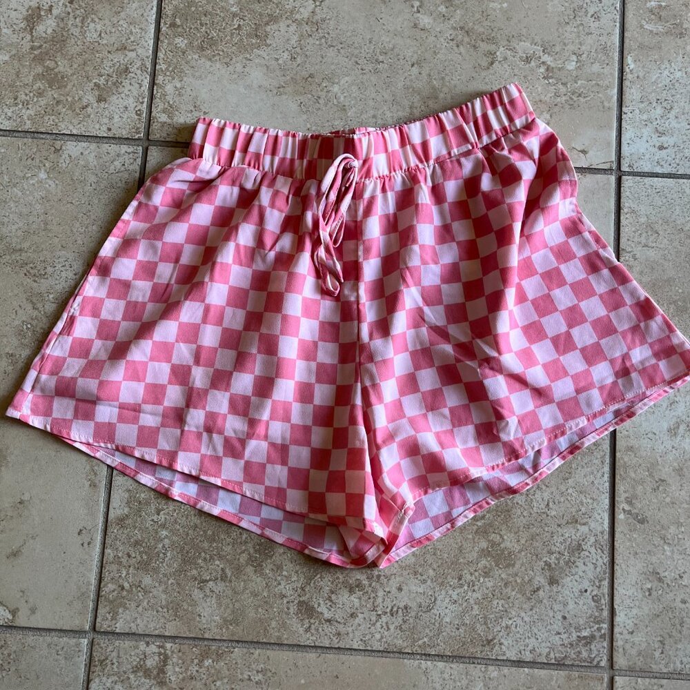 Pretty Garbage Shorts- Pink Checked Elastic Waist and Pockets S